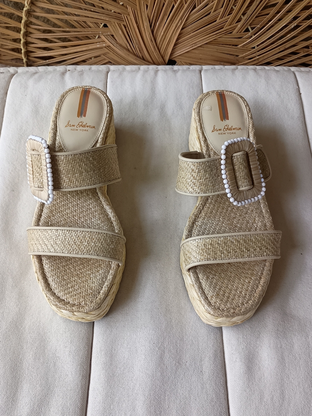 Sam Edelman Natural Woven Slide Sandals with White Beaded Buckle